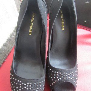 MARC FISHER HARPYR Women Black Suede Peep Toe Platform Heels SZ 8M